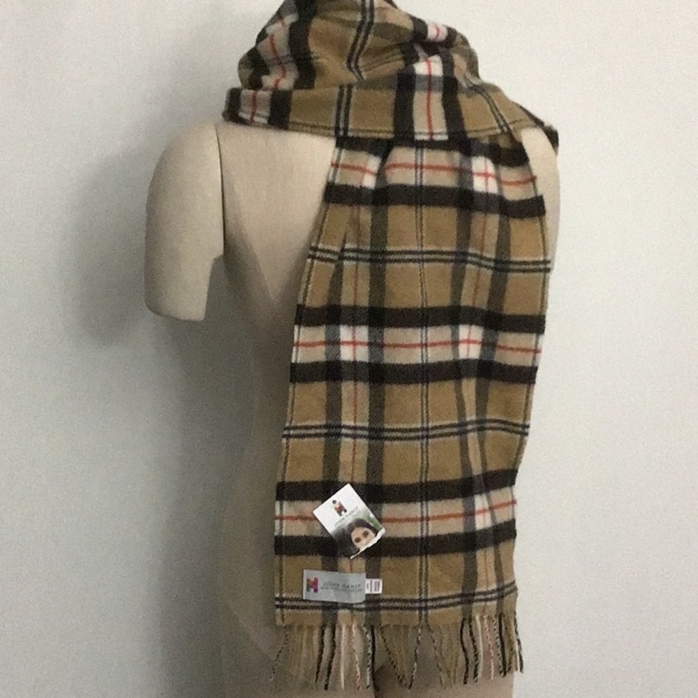 NWT John Hanly Irish Wool Merrick Tarten Plaid Scarf Tan Black & Red Unisex